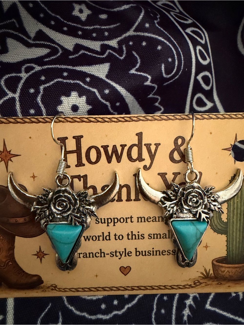 Turquoise Bull Skull Dangle Earrings with Floral Accent - Women Jewelry